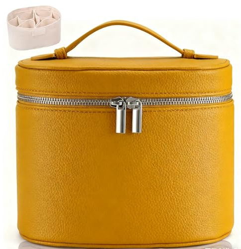 Make-up-Tasche aus Leder mit Fächern – Stehende Reise-Kosmetiktasche für Damen, wasserdichter Schminkkoffer mit abnehmbarer Trennwand, tragbarer Kulturbeutel, gelb, 8.26x6.29x5.9 inches