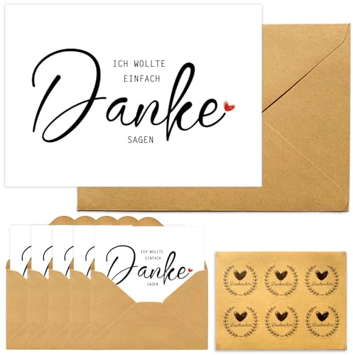6x Karte Danke A6 mit Naturkuvert und Dankeschön Aufkleber Dankeskarten Grußkarte zum Danke sagen Blanko Karten Danksagungskarten Hochzeit Beerdigung