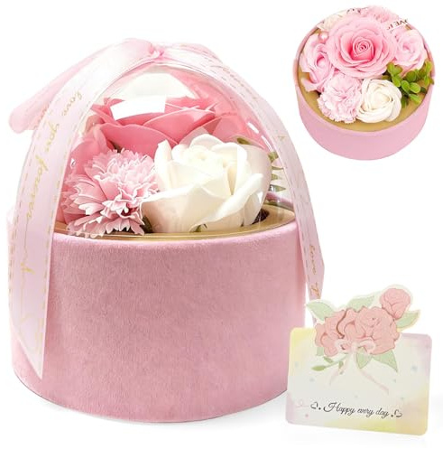 Yunlaishaocer Ramo de flores de jabón en caja de regalo, jabón para mujer, flores artificiales, caja redonda, día de la madre, Navidad, aniversario, día de San Valentín, día del maestro, cumpleaños