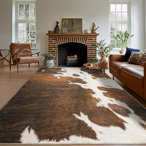 plumlik Cowhide Rug Area Rugs for Living Room, 5x7 Cow Print Rug Machine Washable for Bedroom Dining Room Western Home Decor Non-Slip Low Pile Indoor Floor Carpet