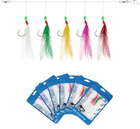 Luroad Lot de 6 appâts pré-assemblés pour maquereau, 30 hameçons Imitation Insecte avec 5 Couleurs fluorescentes, idéal pour capturer Le goberge, la morue, Le Hareng et Le Bar