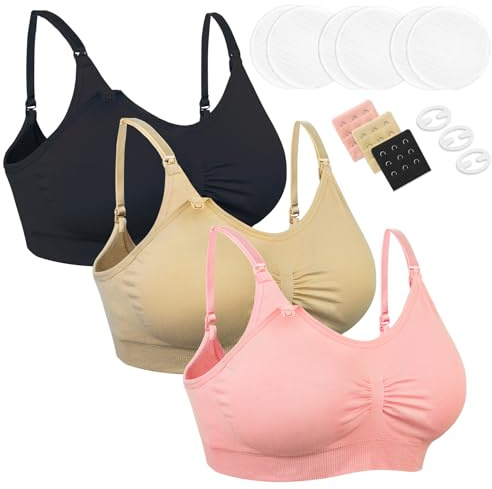 Chalier Cmfort 3 Pezzi Reggiseni Allattamento per Donna Allattamento Senza Cuciture Reggiseno da Allattamento, Estensori Coordinati e Clip per Reggiseno e Coppette Assorbilatte