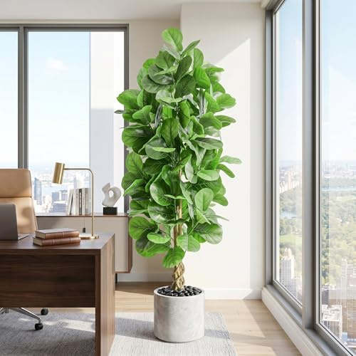 Artificial Plants Indoor 6FT, Faux Fiddle Leaf Fig Tree with Black Pot | Fake Plants with Lifelike Leaves | Realistic Green Silk Floor Plant For Home Living Room Office Entryway Decor