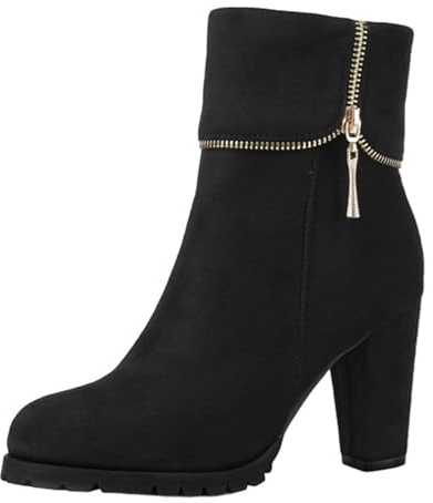 Onewus Botas de tobillo para mujer con tacón de bloque | Botas de ante sintético, para oficina y uso diario, tacón de 9 cm, Negro , 36 EU