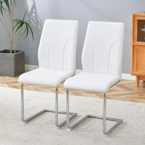 NestLude Esszimmerstühle 2er Set, Schwingstuhl mit PU Kunstleder und hoher Rückenlehne, Moderner Küchenstuhl, Metallgestell, L140*B80*H76cm, 135 kg belastbar (weiß)