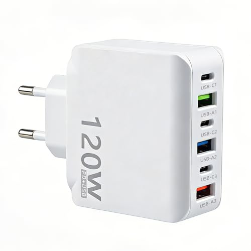 120W USB C Ladegerät Multi 6 Port Schnellladegerät USB-A und USB-C Mehrfach Netzstecker Mehrfach Charge Rapide Tragbarer Netzteil für iPhone 16 15 14 Pro Max Samsung S22 S21 S20 Tablet Handy Laptop