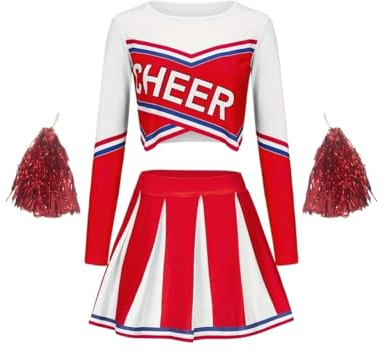 WSQHAO Cheerleading-Rock-Set, süße Sport-Pompons for Kinder, Performance, Mädchen, Urlaubsparty, Kleidung for den Schulanfang FüR Damen(Red,140)