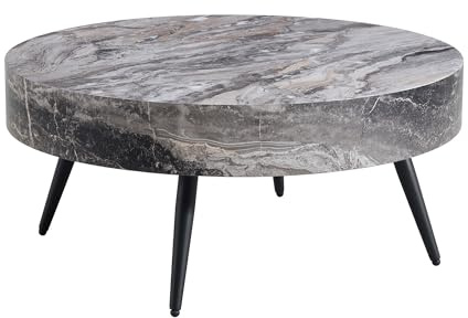 JUFU Couchtisch rund Holz, Wohnzimmertisch mit Metallbeine und Tischplatte aus MDF, Tisch für Wohnzimmer & Schlafzimmer Industriestil (Grau marmor)