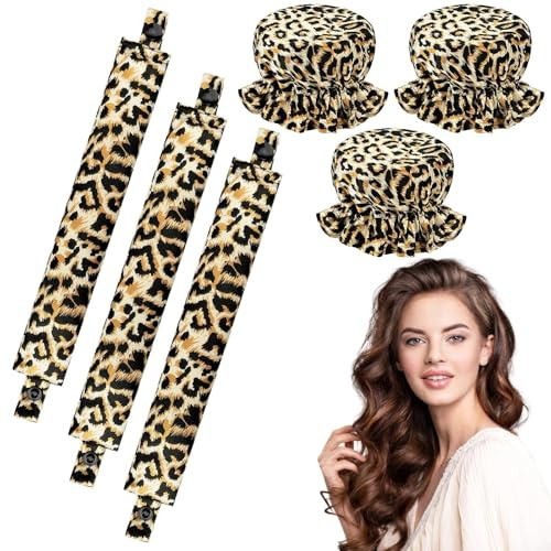 3 Stück Heatless Curls Band, Locken Ohne Hitze, Neu Rutschfest Hitzefreier Lockenwickler, Heatless Curls Silk Haarcurler für Kurzes, Mittleres, Langhaarmädchen, DIY Overnight Curls(Leopardenmuster)