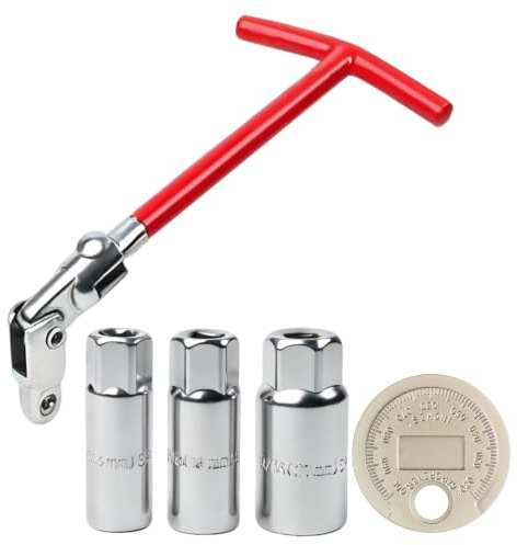 TOPCZY Zündkerzenschlüssel Set 14/16/21 mm, Universal T-Griff mit Gelenk | Inklusive Zündkerzen-Spaltmessgerät für Präzise Wartung, Passend für Viele Autos, Motorräder Und Rasenmäher
