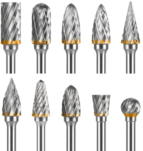 Jeu de Fraises Rotatives Acier Double Tranchant Carbure de Tungstène 10Pcs | pour Outil Rotatif, Fraises Metal avec Tige de 1/8” , Pour Gravure Perçage Polissage Sculpture Bois Metalen Polijsten
