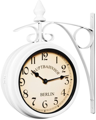 Monzana® Wanduhr Vintage Quarzuhrwerke Mit Beidseitigem Ziffernblatt Doppelseitige Bahnhofsuhr Schmiedeeisern Retro Weiß