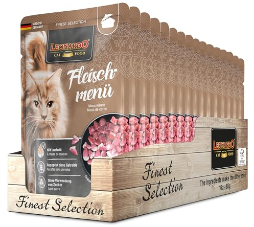 Leonardo Sacchetto salvafreschezza [16x85g Menu di Carne] | Cibo umido senza cereali per gatti | Alimento completo umido in busta monoporzione