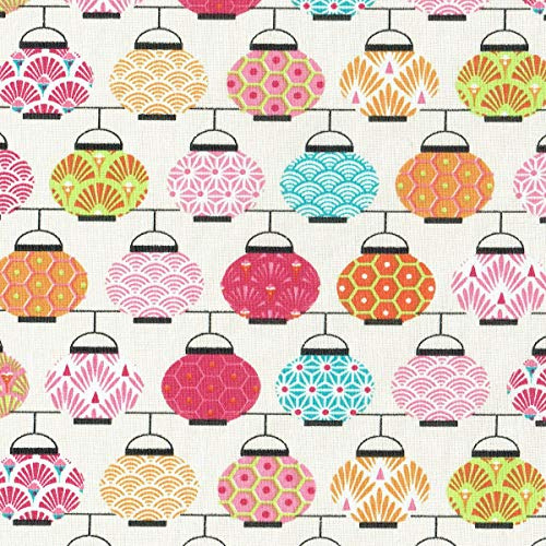 Textiles français Baumwollstoff | Japanische Laternen Stoff | Mehrfarbig: Pink, Orange, Grün & Blau (Grundfarbe: Cremeweiß) | 100% Baumwolle | Stoffbreite: 160 cm (pro Laufmeter)*