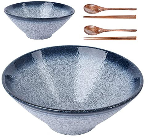 Lareina Ceramic Japanese Ramen Bowls, 2 Sets (6 Piece) 60 Ounce, Large Noodle Soup Bowl with Matching Chopsticks and Spoons for Asian Pho Udon Soba, Blue