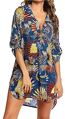 Pareo Plage Mousseline de Soie Robe de Plage pour Femmes V-Cou Bikini Cache-Maillots Chemise Robe Cache Couvrir Beach Maillots de Bain Cover Up Coton Mélangé V-Cou Manche 3/4