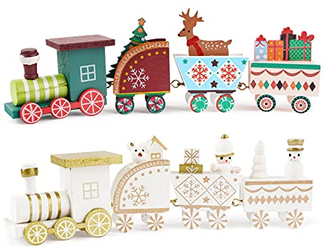 FLOFIA 2Pcs Weihnachten Zug Deko Weihnachten Tischdeko Mini Weihnachtszug Holz Eisenbahn Weihnachtsdeko Tisch Xmas Party Weihnachtsbaum Rentier Dekoration Weihnachten Neujahr Geschenke Weiß Bunt