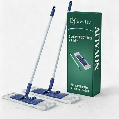 Novaliv Wisch-Mopp Set inkl. Teleskopstiel | 3tlg. Weiß | 46x13 cm und 140 cm lang |Mikrofaser| Reinigung für Fast jeden Boden | Wischer für Laminat Fliesenböden Hartholz