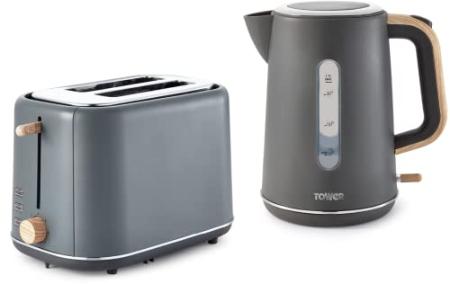 Tower Scandi Grey 1.7L 3KW Rapid Boil Kettle & 2 Slice Toaster. Matching Scandinavian Minimalist Design Kettle & 2 Slice Toaster Set in Grey