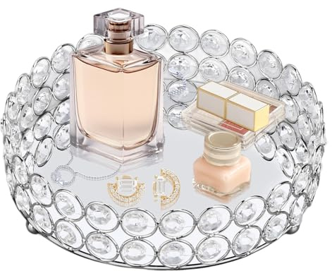 Jenngaoo Bandeja de Maquillaje Cosmético de Cristal, Bandeja con Espejo Circular de 8 Pulgadas, Soportes de Maquillaje para Tocador para Perfumes, Joyas, Velas y Cosméticos(Plata)
