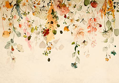 decomonkey Premium Fototapete Blumen 350x256 cm Tapete Fototapeten Vlies Tapeten Vliestapete Wandtapete moderne Wand Wandbild Schlafzimmer Wohnzimmer Natur Pflanzen Stein Vintage Retro bunt beige