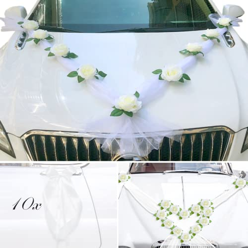 SILARLAIT Kit de Décoration de Voiture de Mariage, Déco de Voiture de Mariage, 2m Tulle & 9 Fleurs Artificielles avec Ventouses & 10 Noeud Blanc, Kit d'Outils Ventouse & Serre-Câbles & Ruban Adhésif