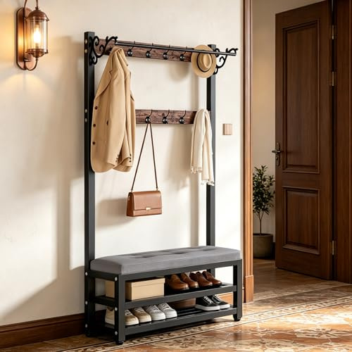Porte-Manteau Industriel Vintage Meuble D’Entrée avec Étagère à Chaussures et 10 Crochets, Portemanteau avec Banc, Cadre en Métal, pour Salon Entrée Couloir