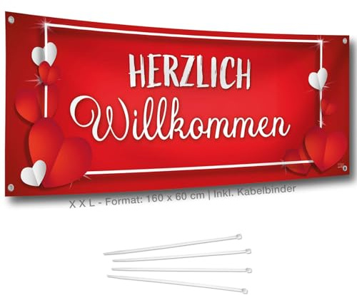Herzlich Willkommen Banner I Rot mit Herzen I XL 160 x 60 cm I Zur Begrüßung zu Hause, auf Feiern & Partys I Wetterfestes Set: Banner + Ösen + Kabelbinder I Made in Germany