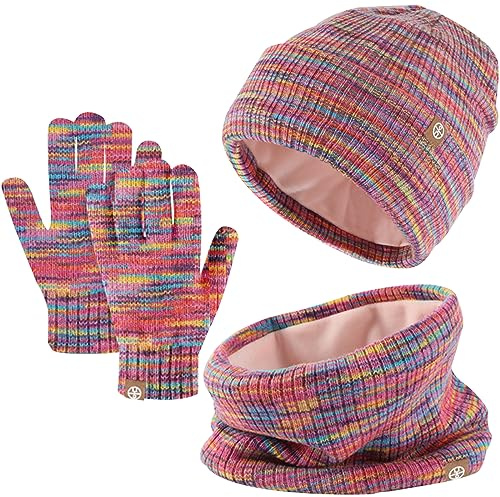 Baynetin Winter Beanie Hut, Schal, Handschuhe Set,Kinder Wintermütze Schal Handschuhe Set, Mütze Warme Beanie Hut Jungen Touchscreen Handschuhe Runder Schal Set für 5-12 Jahre