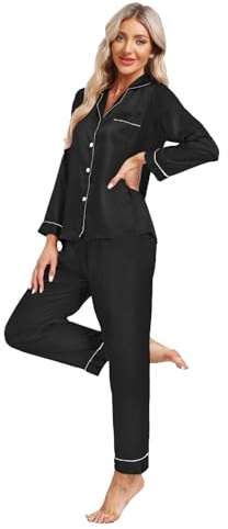 North Bund Pijama para Mujer Conjunto Satén Ropa De Dormir Manga Larga Seda Dos Piezas Pantalones Camiseta Loungewear Elegante Cómodo Sexy Verano Negro XL