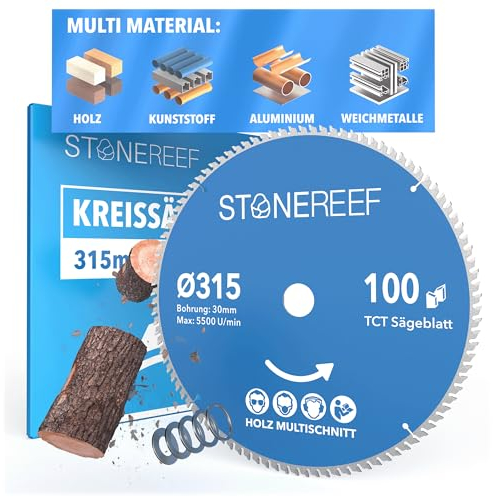 STONE REEF Sägeblatt 315x30 - Kreissägeblatt [Adapter auf Bohrung 16/20/22,23/25,4mm], kompatibel mit Tauchsäge & Kreissäge von Bosch, Makita usw.; Sägeblatt Kreissäge Nagelfest für Holz, Metall & Alu