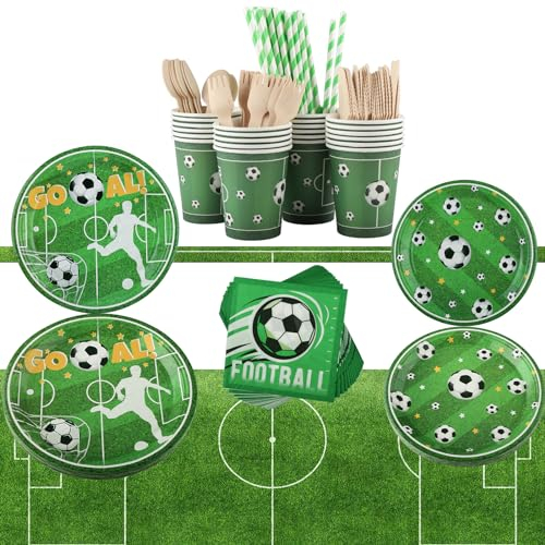 Vexillic Forniture per Feste di Calcio, 200 Pezzi Calcio Stoviglie per Feste di Compleanno Addobbi Compleanno Bambino Include Piatti Tazze Tovaglioli (25 Ospiti)