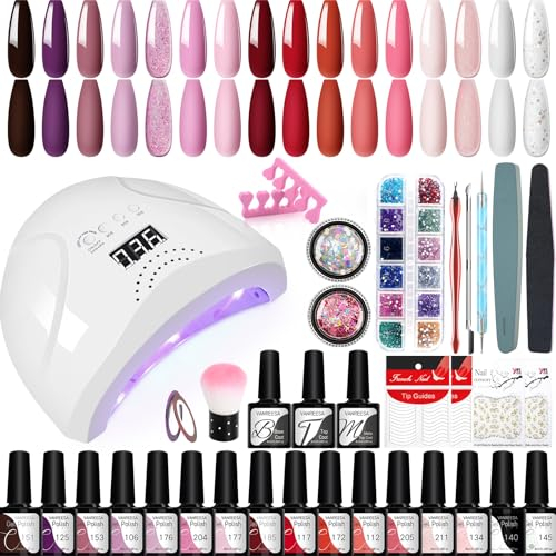 VANREESA Kit Semipermanente Unghie 16 Coloris Kit Unghie Gel Completo con U V Lampada 48W Set Smalto Semipermanente Unghie con Matt Top Base Coat Regali per Donna