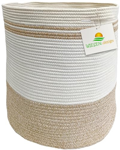 WIESEN.design Korb Ben Ø41xH46 cm Hellbraun/Weiß/61 L, Aufbewahrungskorb geflochten aus Baumwolle, Aufbewahrung Kinderzimmer Badezimmer, Korb geflochten, Faltbarer Wäschekorb, Wäschesammler
