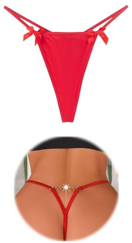 FULLJOYLOVE Sexy G-String Thongs Panties for Women T-back Chain Tanga V-Waist Briefs Bow Low Rise Underwear Red