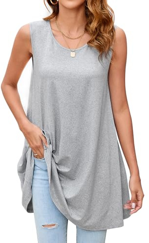 Enmain Graue Tank Tops Damen Sommer Ärmellose Tunika Top Lang Große Größen Longbluse Longshirt Lässig für Leggings Oberteile Shirt Locker L