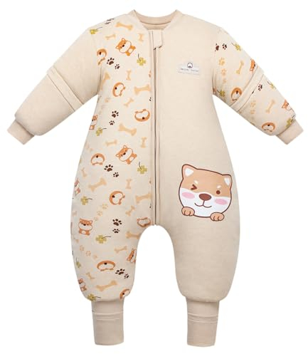 MIKAFEN Saco de Dormir para bebé de Manga Larga con pies 3,5 TOG Invierno, Saco de Dormir de Invierno para niños con piernas, Marrón Claro Cachorro de 75-85 cm