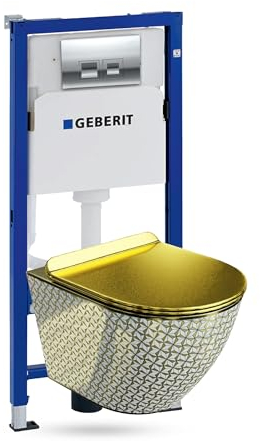 Lavita Duofix Basic Vorwandelement + Wand Tiefspül WC Sofi Slim Golden Never Die Spülrandlos + WC Sitz+ Bedienplatte Delta 25 Verchromt Knopf Komplettset Unterputz Spülkasten Toilette Komplett Sett WC