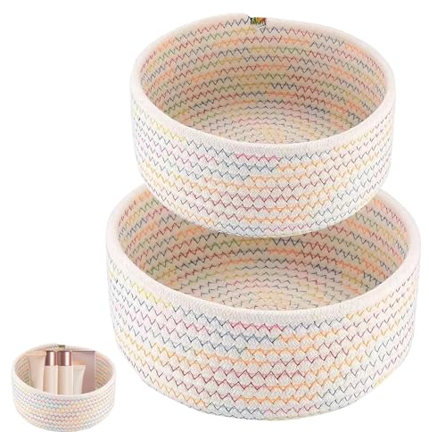 2er Set Aufbewahrungskorb Baumwollseil Geflochten, Ø 21 x9cm Rund Wickelkorb Wickeltisch Zubehör, Kleine Aufbewahrung Körbe, Flechtkorb Organizer Organisations Baumwolle, Stapelbare Storage Basket