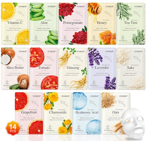 KONEUK 14 Pack Sheet Face Masks Skincare, Hydrating Face Masks for Dry Skin