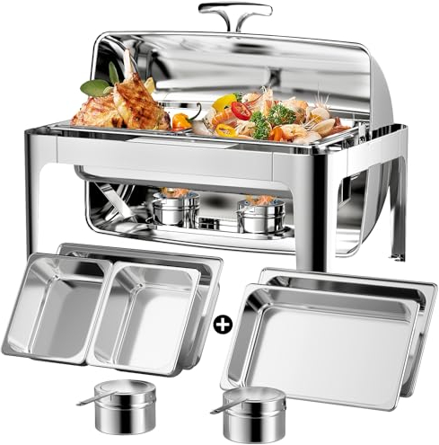 13QT Roll Top Chafing Dishes for Buffet: Chafers and Buffet Warmers Sets with 1 Full Size, 2 Half-Size, 3 1/3 Size Food Pans & 1 Water Pan, for Parties Family Gathering Birthday Wedding