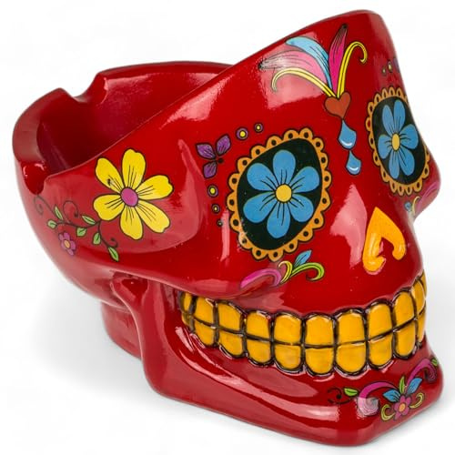 MIJOMA Sugar Skull Aschenbecher - Dekorativer Totenkopf Aschenbecher im mexikanischen Calaveras Stil - Handbemalt Polyresin Deko Souvenir für Raucher (Rot)