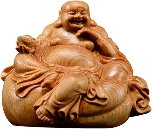 XXHNBF Wohnzimmerdeko Buddhastatue Lachender Buddha, Miniatur-Boddha-Statue aus Holz, Skulptur, Buddha-Ornamente, Holzschnitzereien, Kunsthandwerk, Figur, Geschenk, Heimdekoration