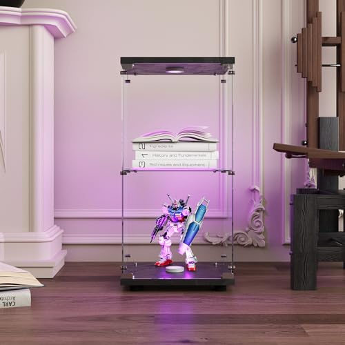 BPKADHY Glasvitrine Standvitrine mit LED,Modern Glas Vitrinenschrank für Sammlerstücke Bücher Wein,2 Glasböden & 1 Türen abschließbar,86,2x42x36 cm, Schwarz (Schwarz, 2 Lagen LED)