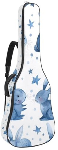 Gitarrentasche für Akustikgitarre mit zwei Taschen, niedliches blaues Kaninchen, wasserabweisend, doppelt verstellbarer Schultergurt, Gitarrentasche, Niedliches blaues Kaninchen, 42.9x16.9x4.7 in,