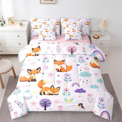 Erosebridal Floral Fox Comforter Set Twin Size,Cartoon Zoo Animal Bedding Set for Kids Teens,Cute Flower Bed in a Bag （Comforter, Sheets, Pillowcases & Cushion Covers）