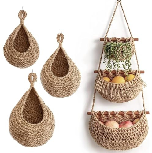 Zjyufy 4pcs Hanging Fruit Basket Set, Hanging Vegetable Fruit Basket for Kitchen, Teardrop Hanging Storage Basket Handwoven Wall Mounted Storage Basket for Kitchen Porch Storage Tomato Potato Onion