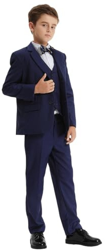 mintgreen pojkar blazer kostym 3 st barnsida pojke outfit set tuexdo blazer + väst + byxa 5-12 år, Mörkblått, 13-14 År