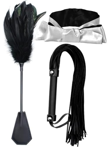 TAUOE Whip Faux Leather Black Whip Satin Eye Mask con Feather Ticklers French Cut Perfect Costume Role Play Bedroom Play Kit