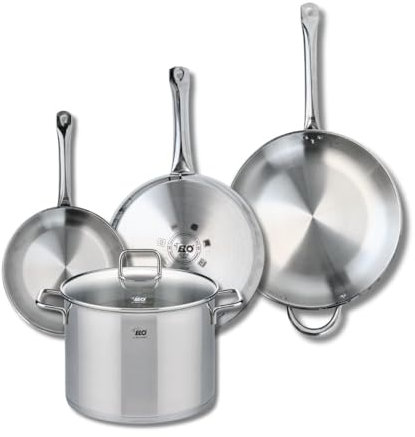 ELO 9511250 Batterie de cuisine 4 pièces, Ensemble de 3 Poêles de cuisson 24, 28 et 32 cm et 1 faitout 26 cm Elo Profi Citrin, inox, induction, Gris